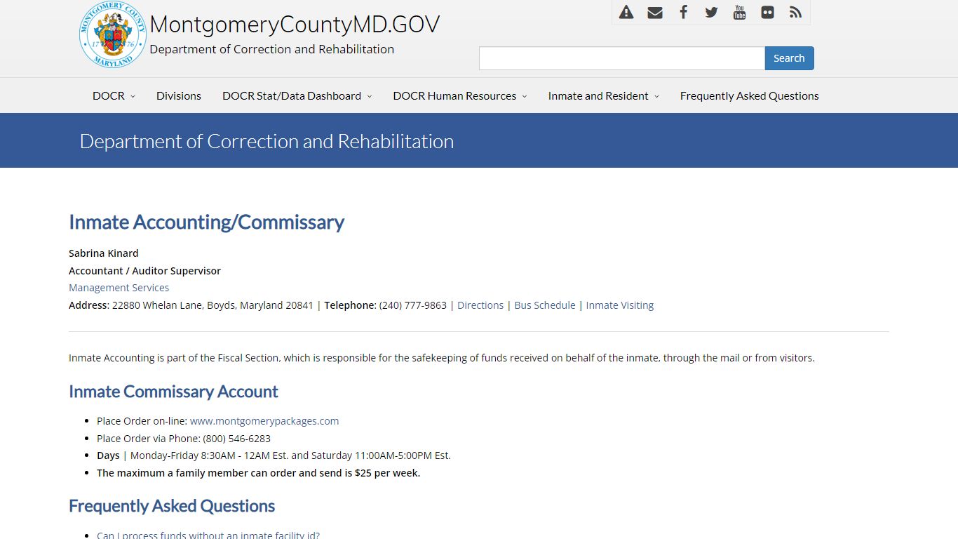 Inmate Accounting/Commissary - Montgomery County Maryland